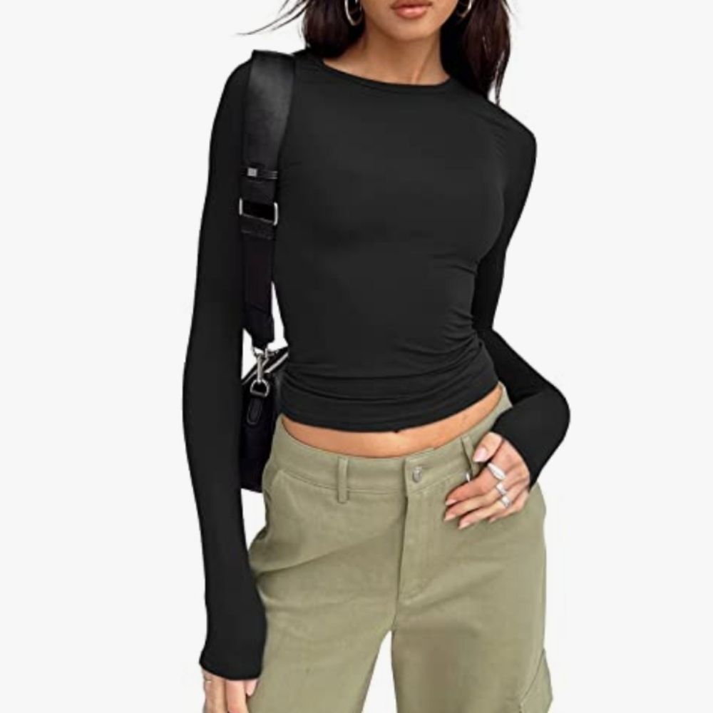 Trendy Queen Women's Long Sleeve Tight Fit Bodycon Crewneck Crop Top, Black, S